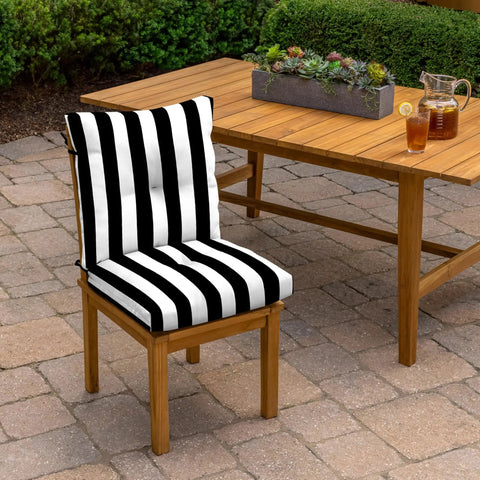 Outdoor Plush Tufted Blowfill Dining Chair Cushion 21x40 Inch Rainproof Fade Resistant For Dining And Bistro Chairs In Black Cabana Stripe Eco Friendly PFAS Free Polyfill From Recycled Bottles 100 Percent Polyester Fabric Four Ties To Secure on patio chair