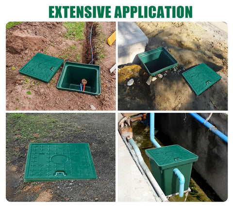 Heavy Duty 16X16X16 Inch Underground Splice Box With Solid Cover shown in various outdoor installations for cable management.