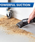 Heavy Duty 8 Gallon Wet Dry Shop Vac Delivering 75 Cfm Raw Heavy Lifting Suction For Serious Garage Cleanups Includes 17 Foot Extender Hose Seven Tough Cleaning Tools And Wide Base Rollers For True Workhorse Simplicity, vacuuming sawdust on concrete with hand-held nozzle.