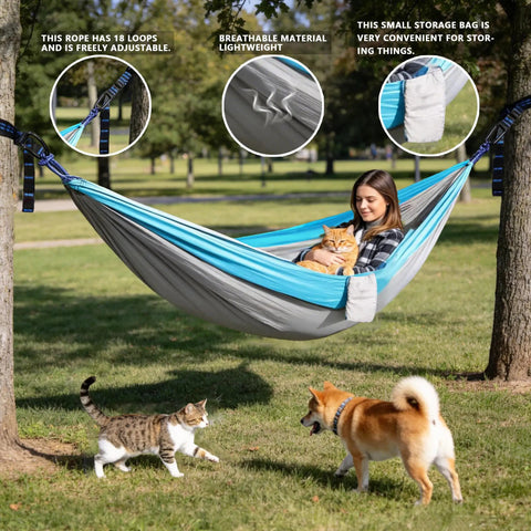 Woman relaxing in a Single Portable Parachute Nylon Hammock For Outdoor Adventure with a cat, showing hammock's durability and versatility.