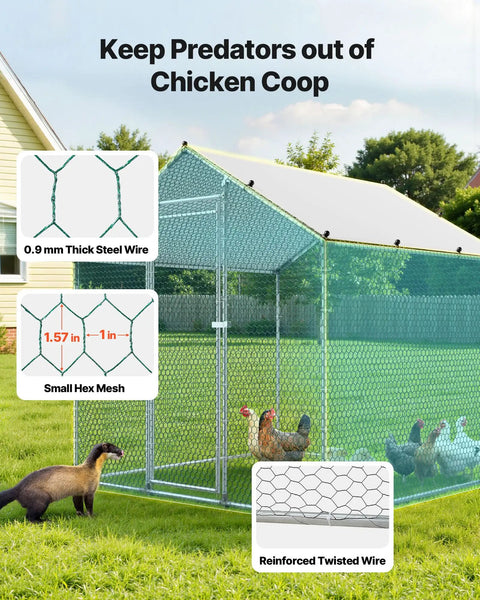 Metal Chicken Coop With Large Walk In Run And Cover, 6.56 Ft Square Spire Roof Hen House in backyard with mesh description