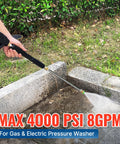 Pressure Washer Gun And Wand With Five Nozzles, M22-14mm And M22-15mm Fittings, Heavy Duty Replacement Kit in use on patio.