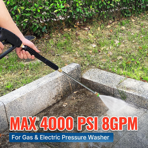Pressure Washer Gun And Wand With Five Nozzles, M22-14mm And M22-15mm Fittings, Heavy Duty Replacement Kit in use on patio.