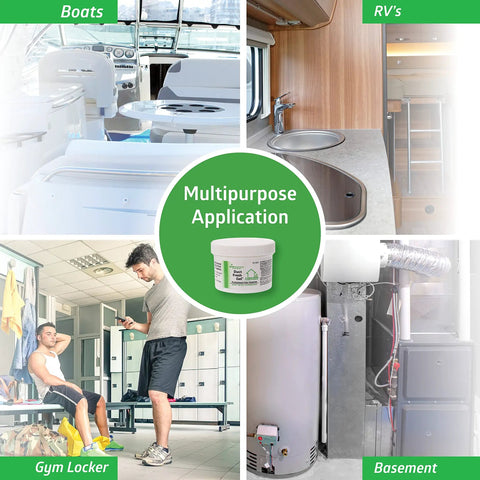 Image showing Duct Fresh Gel Odor Eliminator For HVAC Systems in various applications like boats, RVs, gym lockers, and basements.