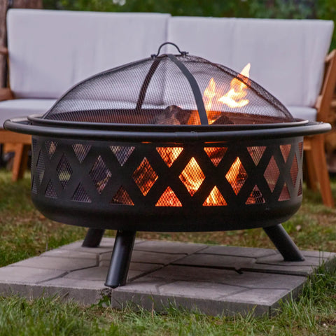 Crossweave Outdoor Wood Burning Fire Pit For Patio Or Yard 36 Inch Round Black Fire Pit with spark screen at backyard gathering