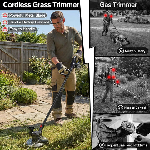 Man using 21V Cordless Weed Wacker And Lawn Edger Do It All 4 In 1 Garden System on grass with metal blades and guide wheel