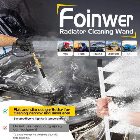 Foinwer 24-inch radiator cleaning wand set with stainless steel dual water/air nozzle, used on car engine bay.