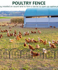 No Dig Garden Fence Barrier Set in front of chickens with arch metal fence panels and a barn in the background.