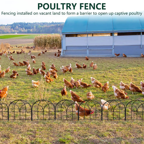 No Dig Garden Fence Barrier Set in front of chickens with arch metal fence panels and a barn in the background.