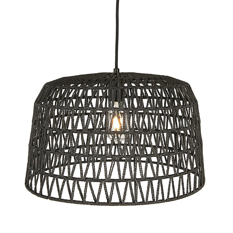 Boho Modern Hanging Rattan Pendant Light With Iron Frame And Natural Paper Wrap Charcoal Gray Woven Lamp In Black Finish