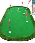 Heavy Duty 5x10ft Golf Putting Green Training Mat With Realistic Turf Arc Shaped Indoor Outdoor Putting Green For Practice, Parties And Leisure Time, Anti Slip 10mm Rubber Base with person putting