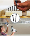 210 Piece Six Gauge One And A Quarter Inch Drywall Screws Black Oxide Coated Carbon Steel with Coarse Threads being used in construction