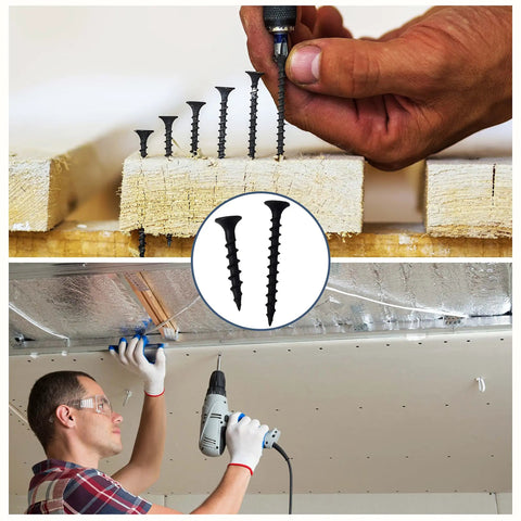 210 Piece Six Gauge One And A Quarter Inch Drywall Screws Black Oxide Coated Carbon Steel with Coarse Threads being used in construction