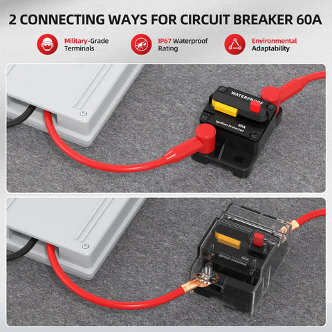Two connecting methods for 60 Amp Manual Reset Waterproof Circuit Breaker for 12V-48V Systems with red cable connections