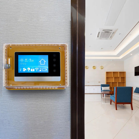 Lockable XL Air Conditioning Thermostat Cover Box With Key Clear Plastic Wall Mount showing digital screen