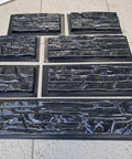 7 Piece ABS Flagstone Limestone Concrete Molds Kit 2mm Natural Stone Wall Tiles for DIY Cement Projects displayed on ground
