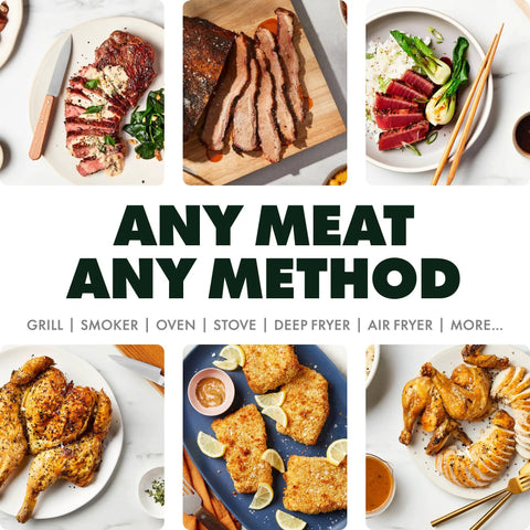 Smart Wireless Meat Thermometer With Two Ultra Thin Probes, WiFi Remote Range, Heat Safe To 1000F, Five Sensors No Guesswork For Maximum Accuracy, Real Time Temps, Rest Reminders, Guided Cooking For Grill, Oven, Smoker And Air Fryer with grilled meats