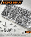 304 Stainless Steel Wood And Sheet Metal Screws Set, 280 Pcs Pan Head Phillips Self Tapping Screws In Sizes Six And Eight, Lengths One Half Inch To One Inch, Marine Grade Corrosion Resistant For Wood Metal And Gypsum in organizer box