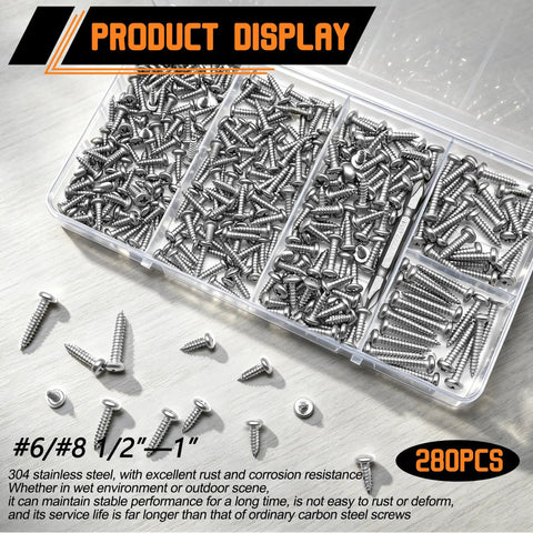 304 Stainless Steel Wood And Sheet Metal Screws Set, 280 Pcs Pan Head Phillips Self Tapping Screws In Sizes Six And Eight, Lengths One Half Inch To One Inch, Marine Grade Corrosion Resistant For Wood Metal And Gypsum in organizer box