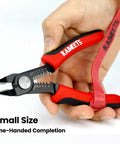 6 Inch Flush Wire Cutters With Built In Stripping For Copper Aluminum And Insulated Wires, shown with red handles in hand