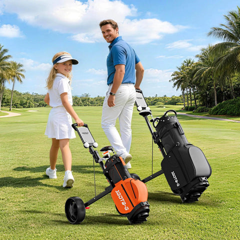 2 Wheel Golf Push Cart That Grows With You Adjustable Upper Bracket And Height Fits All Bag Sizes From Kid To Adult Teen Friendly Ergonomic Pull Cart For Ages 3 To Adult Lightweight Easy Fold on golf course