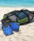 Mesh Duffle Bag With Zipper And Adjustable Shoulder Strap 15 By 36 Inches Black Oversized Gym Bag on beach with fins inside
