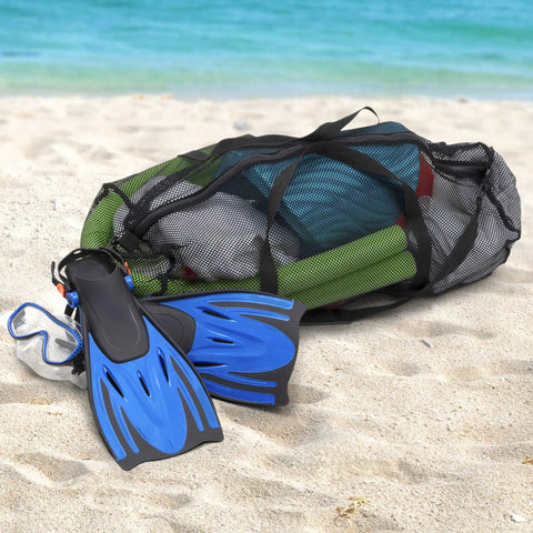 Mesh Duffle Bag With Zipper And Adjustable Shoulder Strap 15 By 36 Inches Black Oversized Gym Bag on beach with fins inside