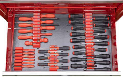 Top view of a Modular Screwdriver Organizer For 26 Tools With Anti Slip Base Black Made In USA Pro Grade Storage System in a drawer.