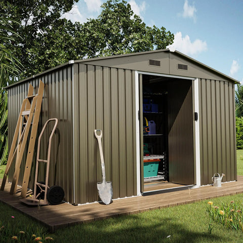 10 Foot By 8 Foot Outdoor Storage Shed With Waterproof Lockable Door Metal Tool Shed With Sliding Door And Ventilation Garden Tool Storage Room For Lawn Equipment And Supplies, shown with garden tools outside