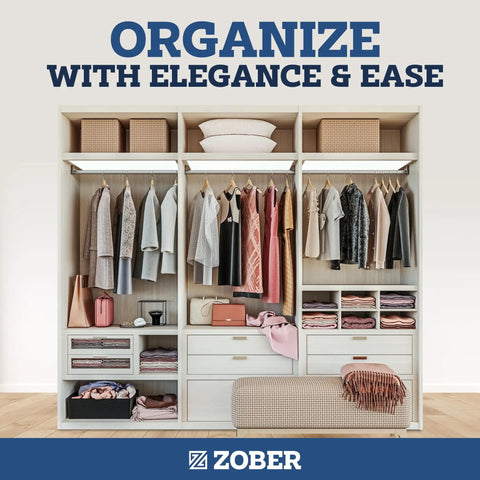 Closet with heavy duty wooden clothes hangers for coats, jackets, suits; organized clothing showcase