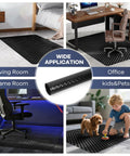 48 By 30 Inch Chair Mat For Low Carpet Floors, thick PVC, demonstrating use in home office, living room, game room, protects floors.