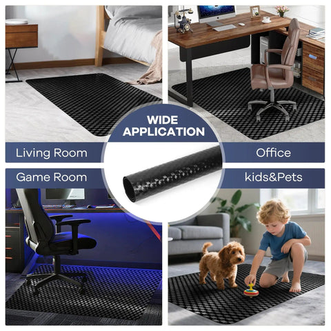 48 By 30 Inch Chair Mat For Low Carpet Floors, thick PVC, demonstrating use in home office, living room, game room, protects floors.