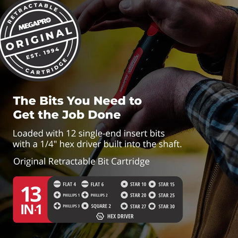 1 Inch 13 In 1 Ratcheting Automotive Driver Bit Set With Pullout Cartridge red handle in use, showing bit options and hex driver.
