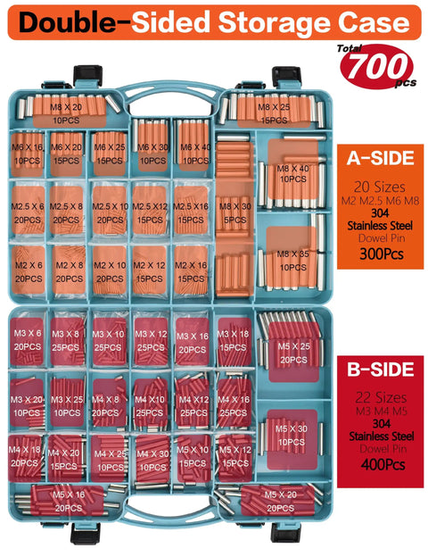 Dowel Pin Kit With 700 Stainless Steel Pins 42 Sizes From M2 To M8 Cylindrical Precision Pins Storage Case No Sweat For 3D Printer Jigs Fixtures Shelves And Precise Fastening Projects, double-sided case
