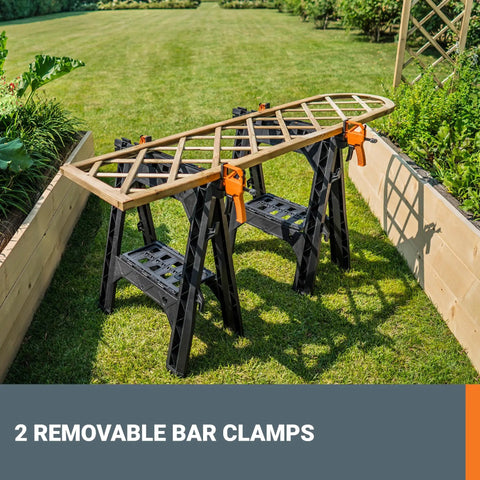 Clamping Sawhorses With Bar Clamps And A 7 Inch Metal Triangle Ruler For Precise DIY Woodworking outdoors on grass with clamps
