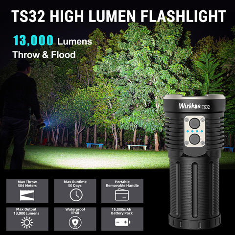 Beast Bright Rechargeable LED Flashlight With Dual Switch 13000 Lumens Of Power shown in hand highlighting trees at night.