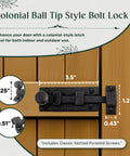 Solid As A Rock Heavy Duty Wrought Iron Slide Bolt Latch With Classic Ball Tip Handle Black Rust Resistant Finish For Secure Colonial Door Cabinet Hardware Pack, showing dimensions.