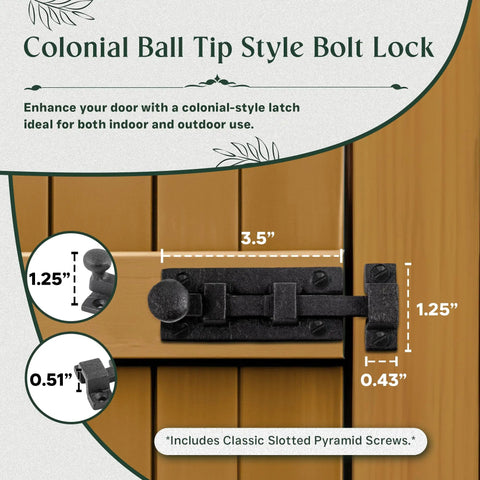 Solid As A Rock Heavy Duty Wrought Iron Slide Bolt Latch With Classic Ball Tip Handle Black Rust Resistant Finish For Secure Colonial Door Cabinet Hardware Pack, showing dimensions.