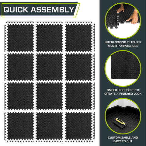 Interlocking Puzzle Foam Floor Tiles Half Inch Thick For Home Gym And Kids Play Areas EVA Cushioned Mats Non Slip Black Tiles 48 Sq Ft Pack Of 12