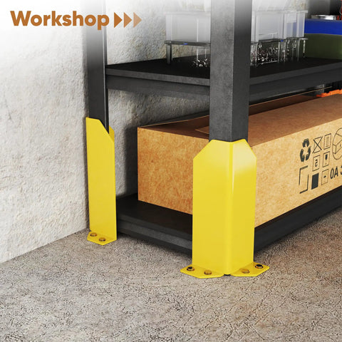 Built Tough 12 Inch Steel Pallet Rack Post Protectors With Ten Floor Anchor Bolts Warehouse Column Guards To Shield Shelving From Rough Forklift Bashing At The Job Site