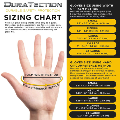 Sizing chart for Heavy Duty Black Nitrile Disposable Gloves 6 Mil Extra Thick Latex Free Powder Free Textured Grip, palm and circumference methods.