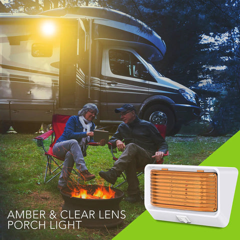 Rugged 12V LED RV Exterior Porch Light with switch, 300 lumen fixture, white base, amber lens, RV camping scene
