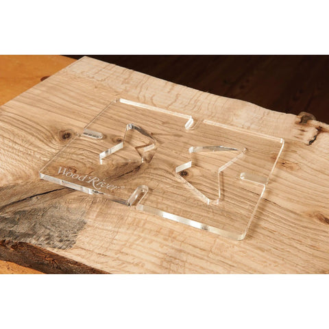 Straight Up Butterfly Router Inlay Template Machined From Thick Clear Acrylic on wood background for woodworking projects.
