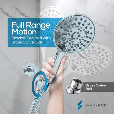 High Pressure Handheld Shower Head With 6 Wide Angle Face And 6 Spray Modes For Real Rinse Includes 70 Inch Hose Brass Swivel Bracket Built To Last Anti Clog TPR Nozzles Easy Clean Luxury Chrome Finish package display