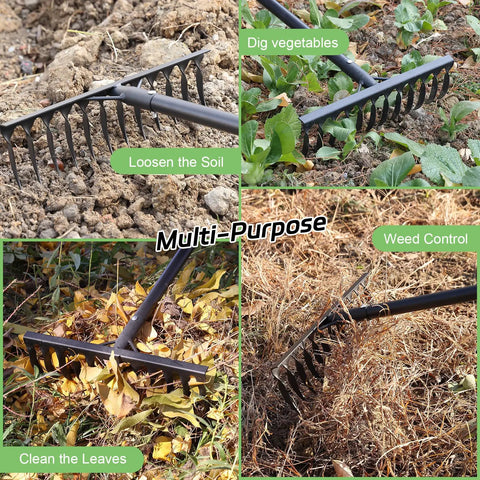 Heavy Duty Garden Rake With 78 Inch Handle And Twisted Tooth Tines 12 Metal Head Rake for soil loosening, leaf cleanup, weeding