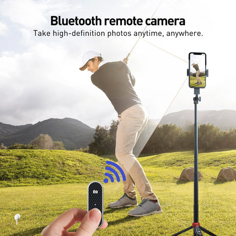 Golfer using 62 Inch Extendable Phone Tripod And Selfie Stick For Golf Training With Wireless Remote And Universal Phone Holder