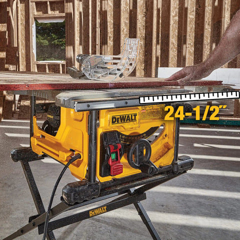 Compact Jobsite Table Saw with 24-1/2" cutting capacity and smooth rack and pinion fence in use at a worksite.