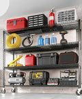 Tough As Nails 4 Tier Metal Wire Shelving Rack With Smooth Rolling Casters And Rust Resistant Matte Black Finish loaded with tools and supplies.