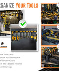 Organized workspace using Heavy Duty 8 Pack Tool Mount Kit With Glass Fiber Reinforced Polymer Holds for tools and batteries.