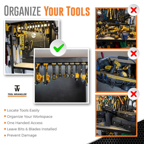 Tool Wrangler Garage Organizer For 20V Tools And Batteries 18 Piece Mount System with 10 tool holders on a garage wall.